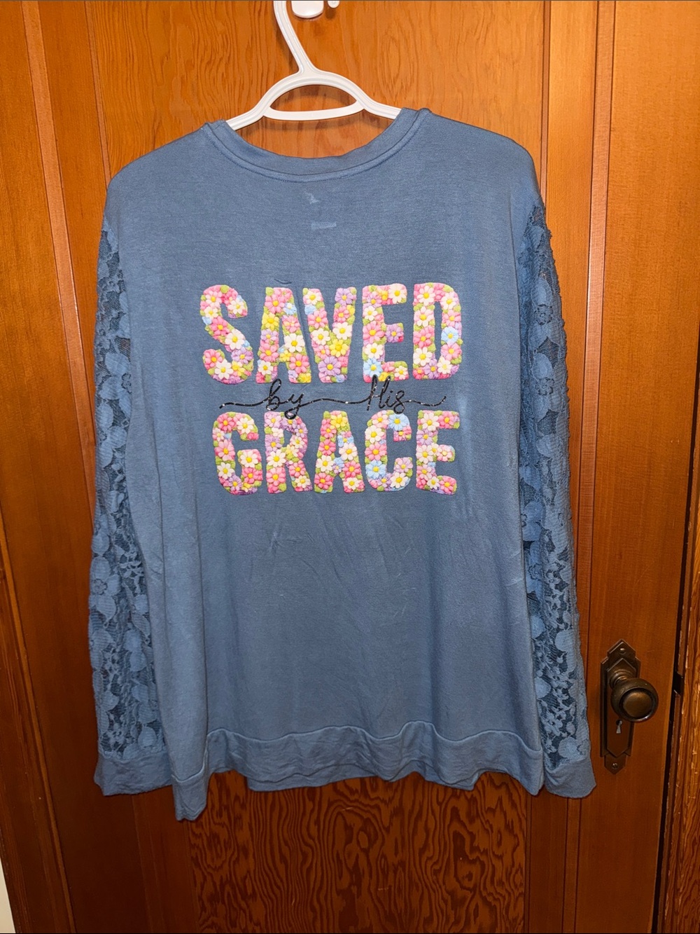 Adrianna Papell Blue Lace-Sleeve "SAVED by His GRACE" Long Sleeve Top